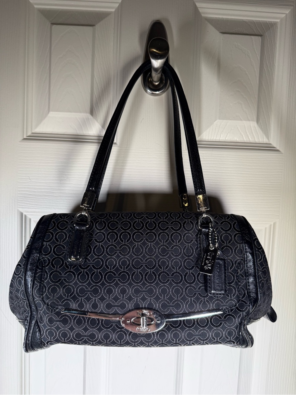 Coach Signature Black Jacquard & Leather Madison Madeline Satchel Teal Lining